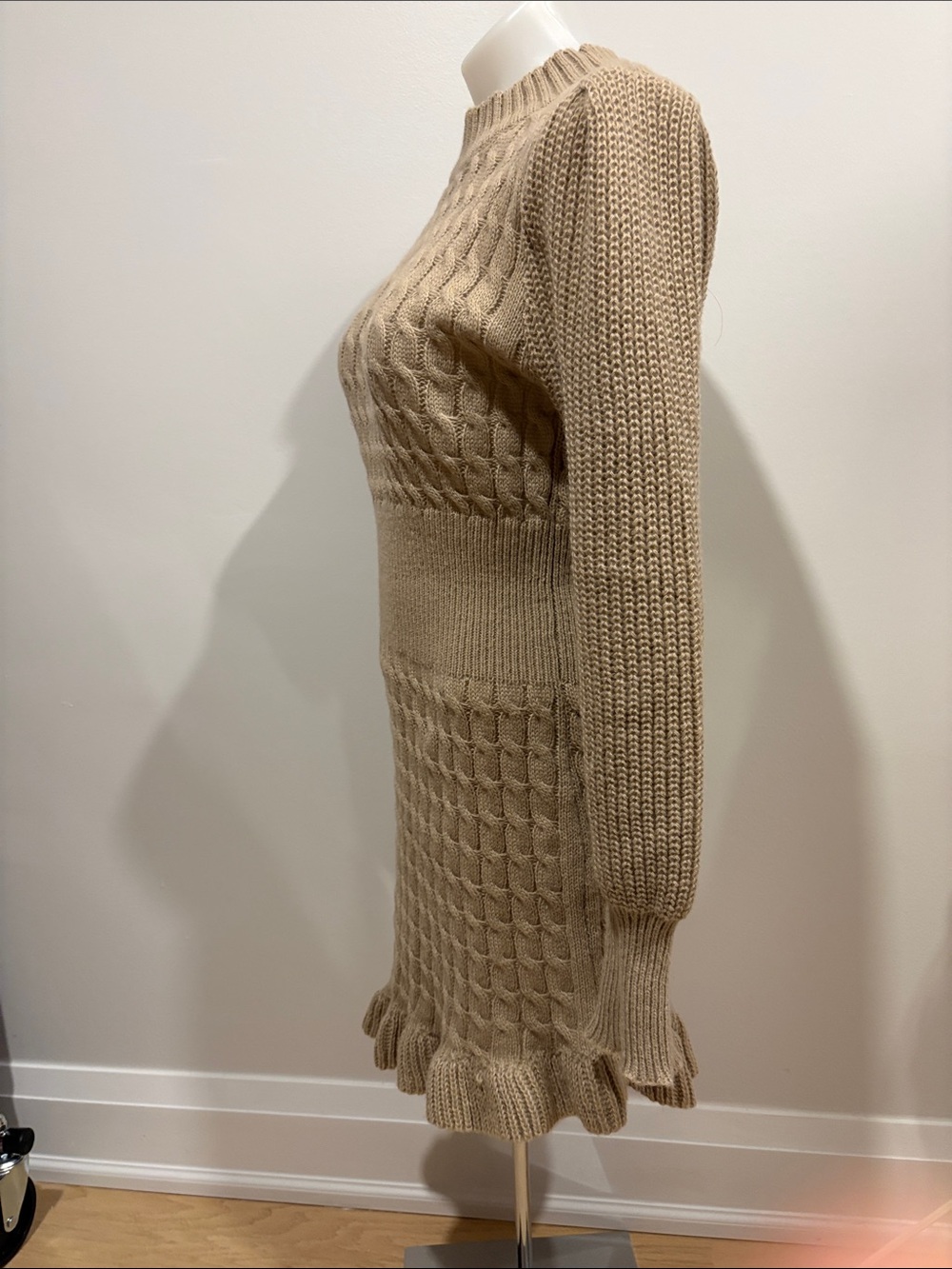 Ribbed Cable-Knit Mock Neck Sweater Dress in Beige